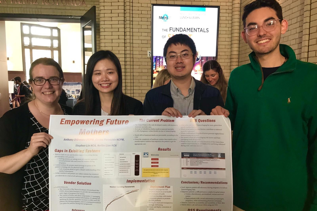 Carnegie Mellon University students present their
project, Machine Learning algorithm for Hemorrhage
Risk Classification (from let to right): Corina Paraschiv,
Jiaoying Lian, Dong-Lien Lin and Anthony Didonato.