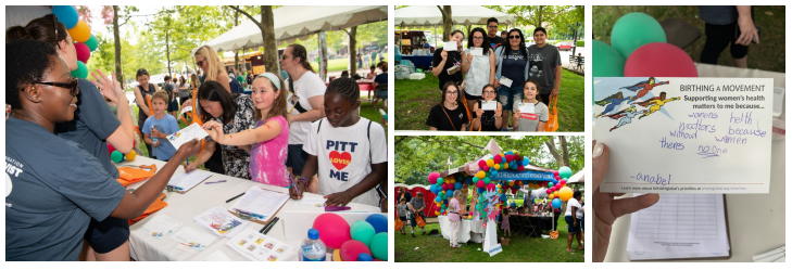 (left) Families talk to WHAMglobal staff at the Summer Reading Extravaganza; (top middle) Families displaying their
advocacy cards; (bottom middle) the Birthing A Movement tent; (right) “women’s health matters because without
women there’s no one.”