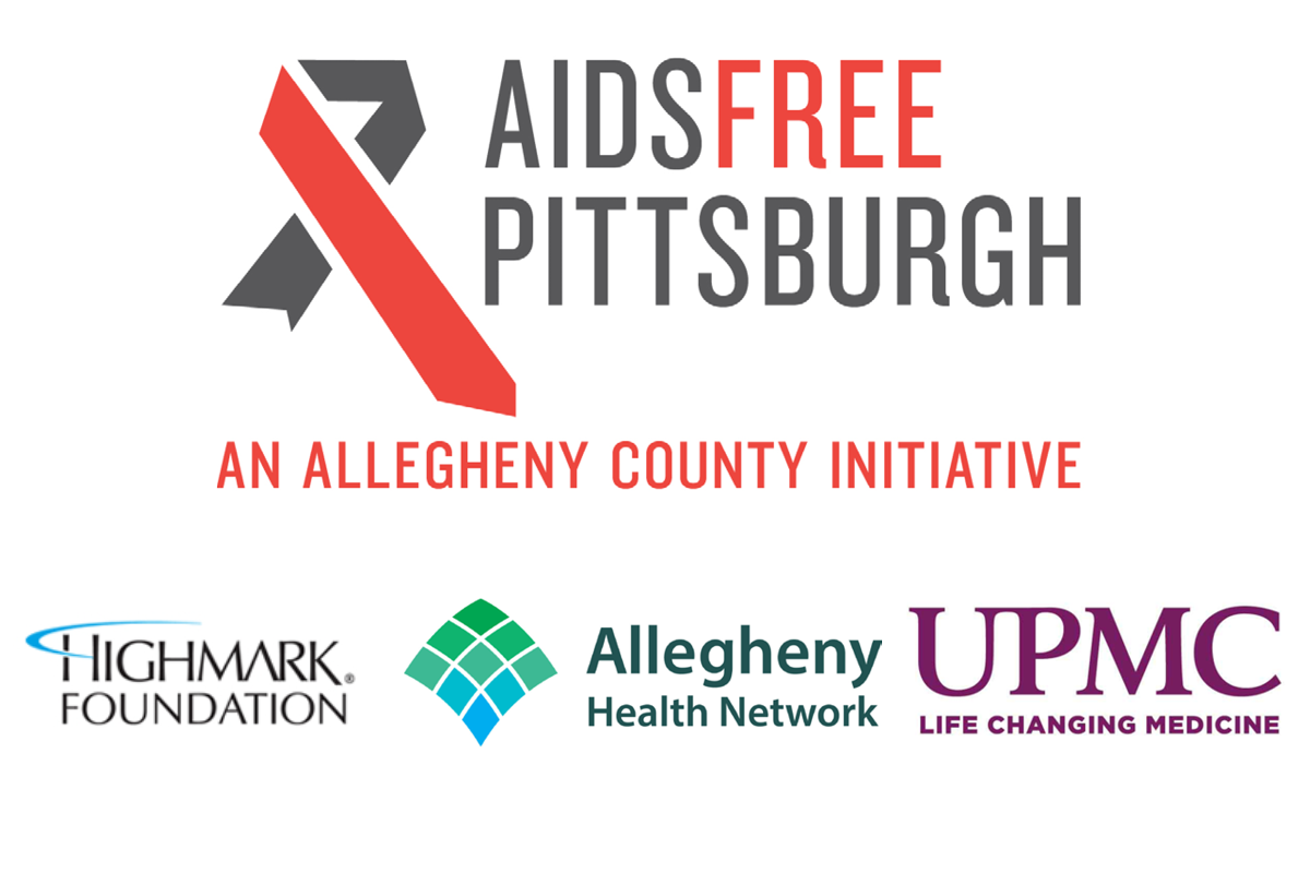 Logos for AIDS Free Pittsburgh, UPMC, Allegheny Health Network, and the Highmark Foundation