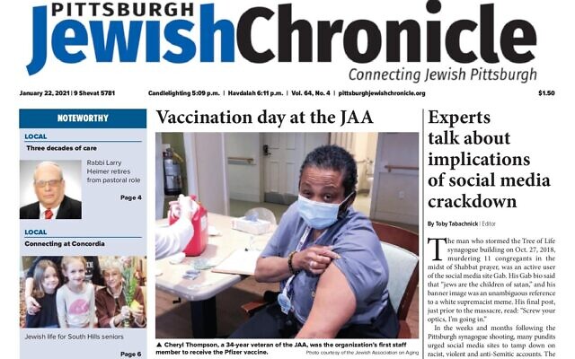 Screenshot of a recent Pittsburgh Jewish Chronicle front page