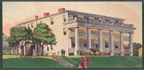 Historical drawing of a white building with columns (Montefiore Hospital).