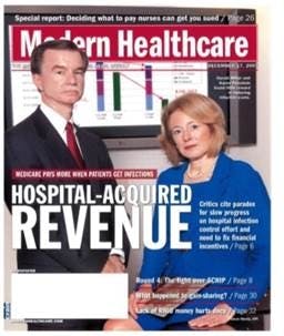 Cover of Modern Healthcare featuring a man and woman in professional clothes.