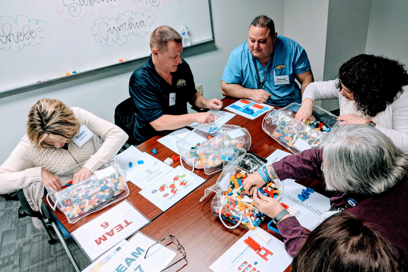 Demonstrating systematic problem-solving principles of PPC/Lean, Community LIFE teams participate in a hands-on Lego activity.
